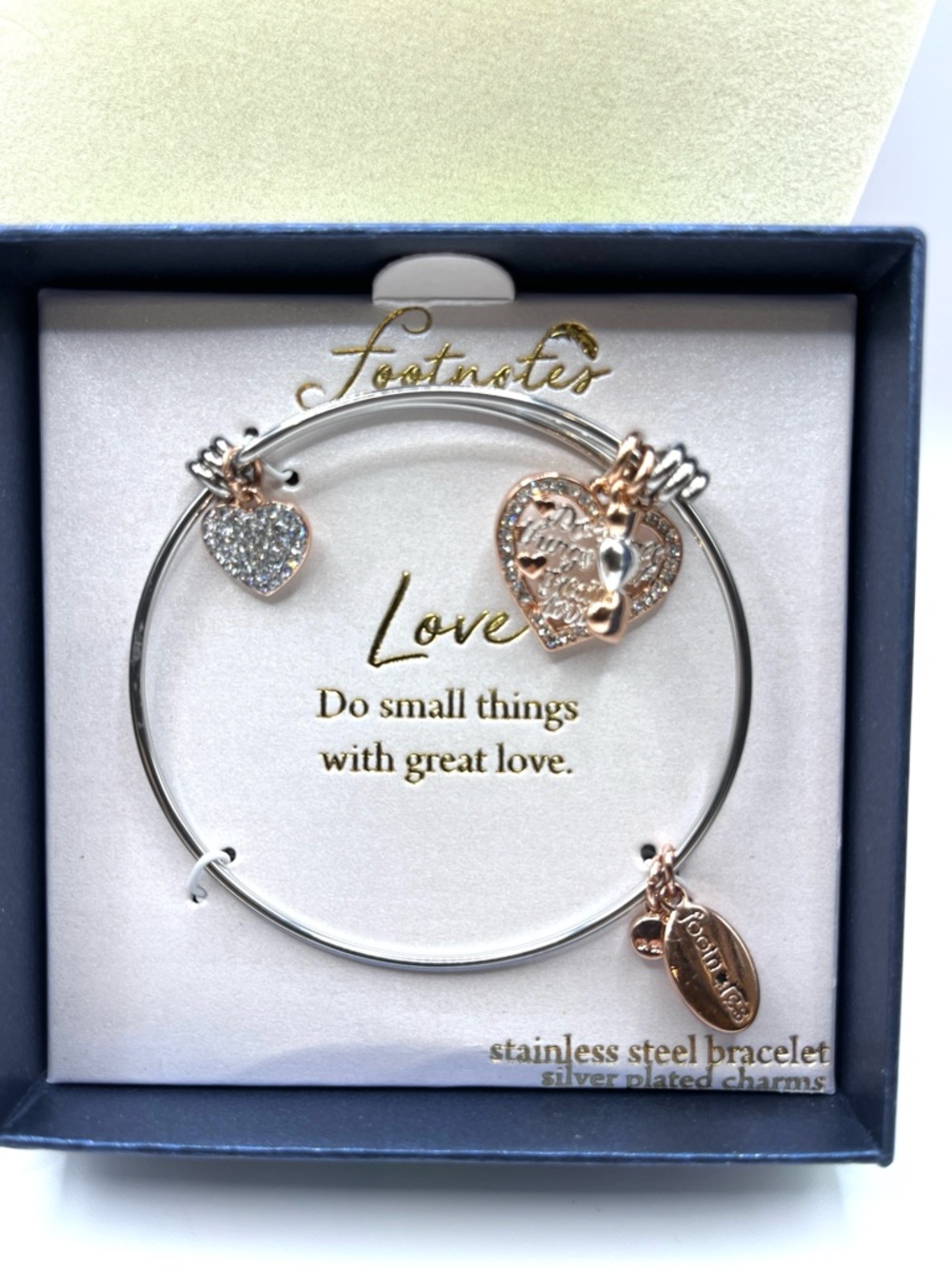 Two-Tone Heart Charm Bangle Bracelet - Silver & Rose Gold Accents Hearts Love